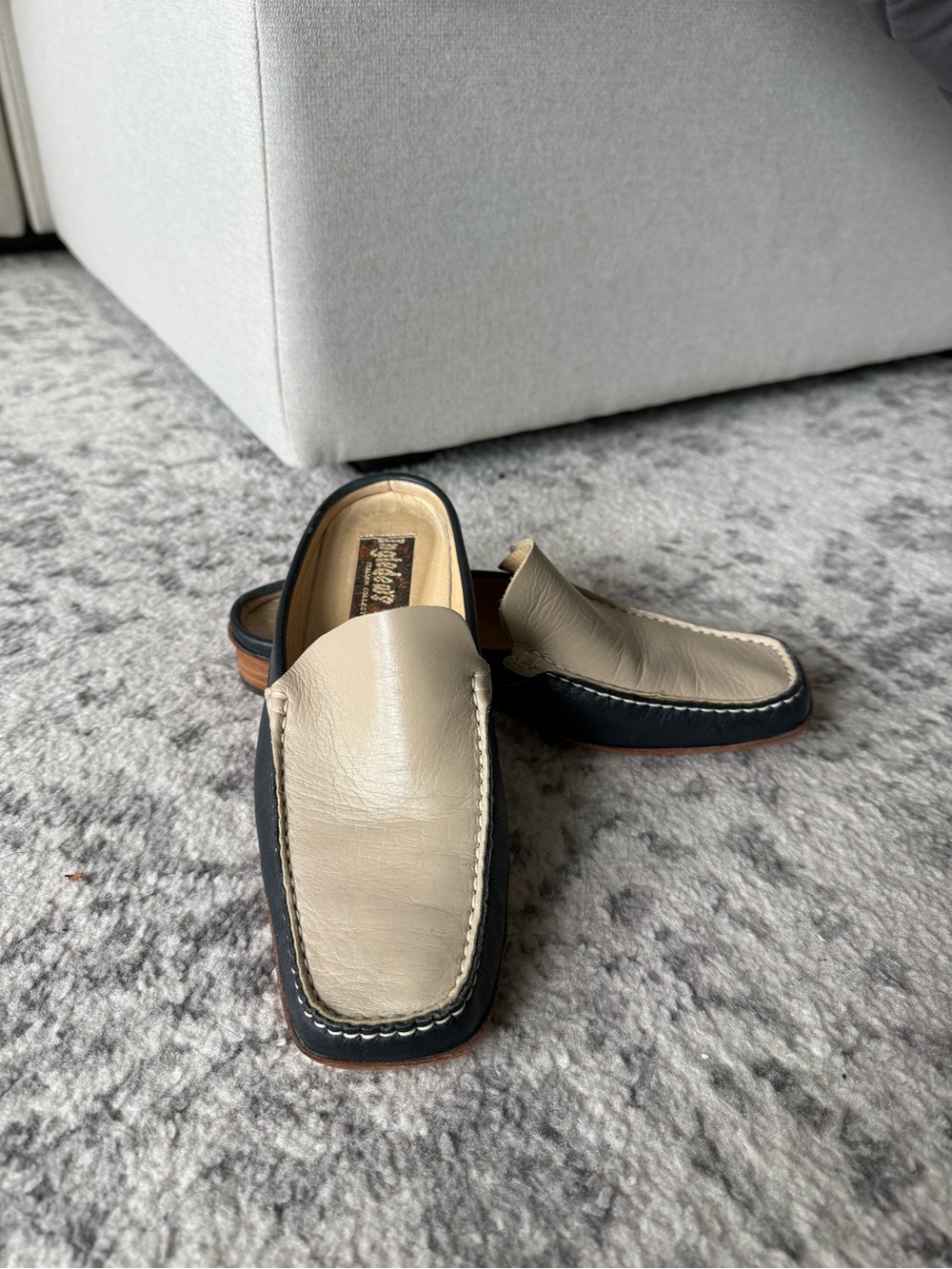 Italian Slip-On Leather Mules/Loafers in Beige and Navy Blue